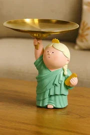 Resin Table Decor Statue with Golden Tray | Cute Lady Holding Plate Figurine
