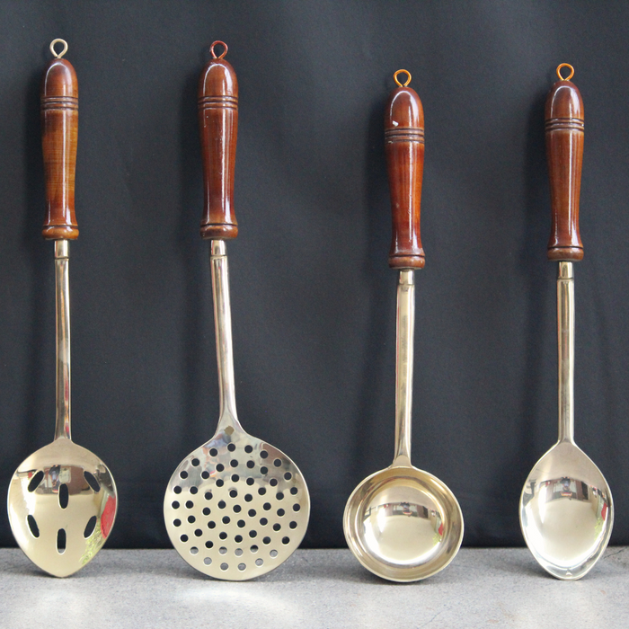 Brass Serving Ladles With Wooden Handles Set Of 4 | Kansa Kitchen Utensils