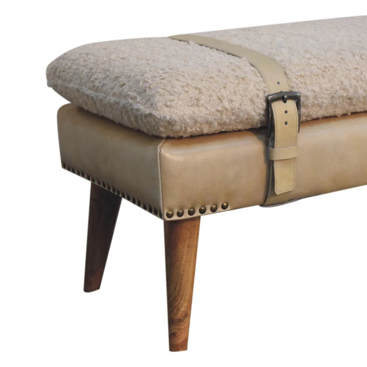 Boucle & Mahogany Leather Bench | Wooden Bench with Nordic Legs | Mango Wood Sitting Bench