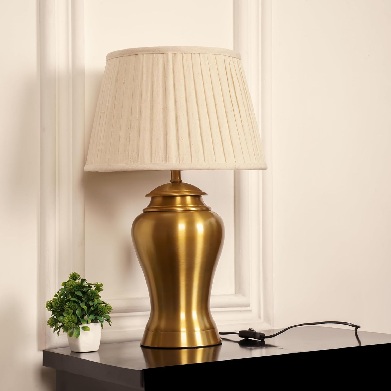 Royal Brass Antique Gold Finish Table Lamp 23 Inches Height With Off White 14 Inches Pleated Diameter Lampshade