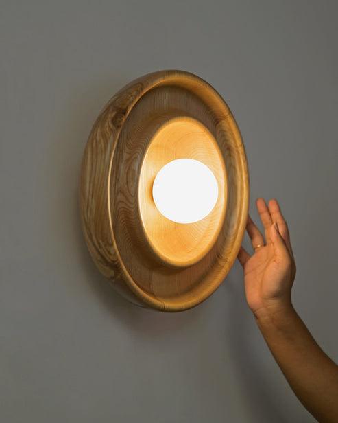 Handcrafted Discus Teak Wood Wall Light | Warm LED Accent Lighting