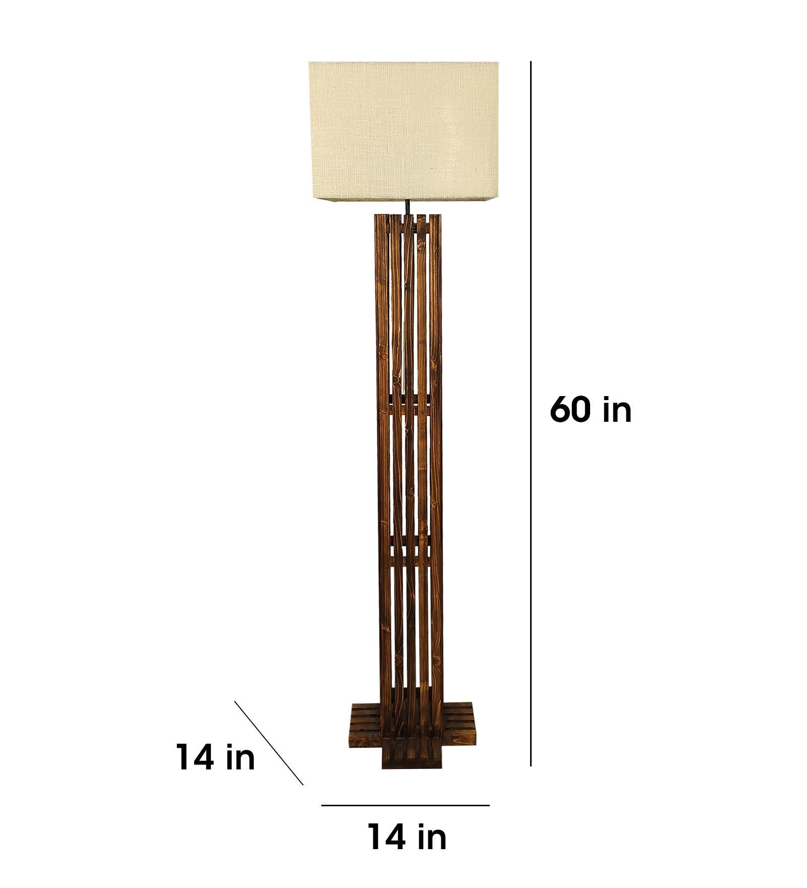 Elegant Wooden Floor Lamp with Brown Base and Beige Fabric Lampshade