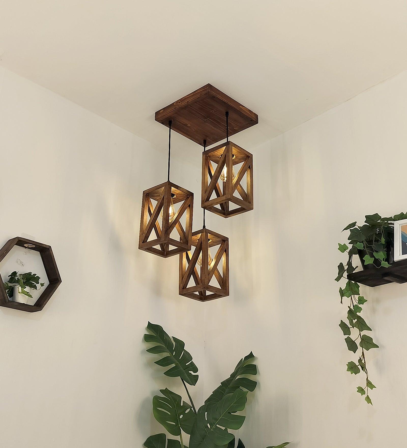 Symmetric Brown Wooden Cluster hanging Lamp
