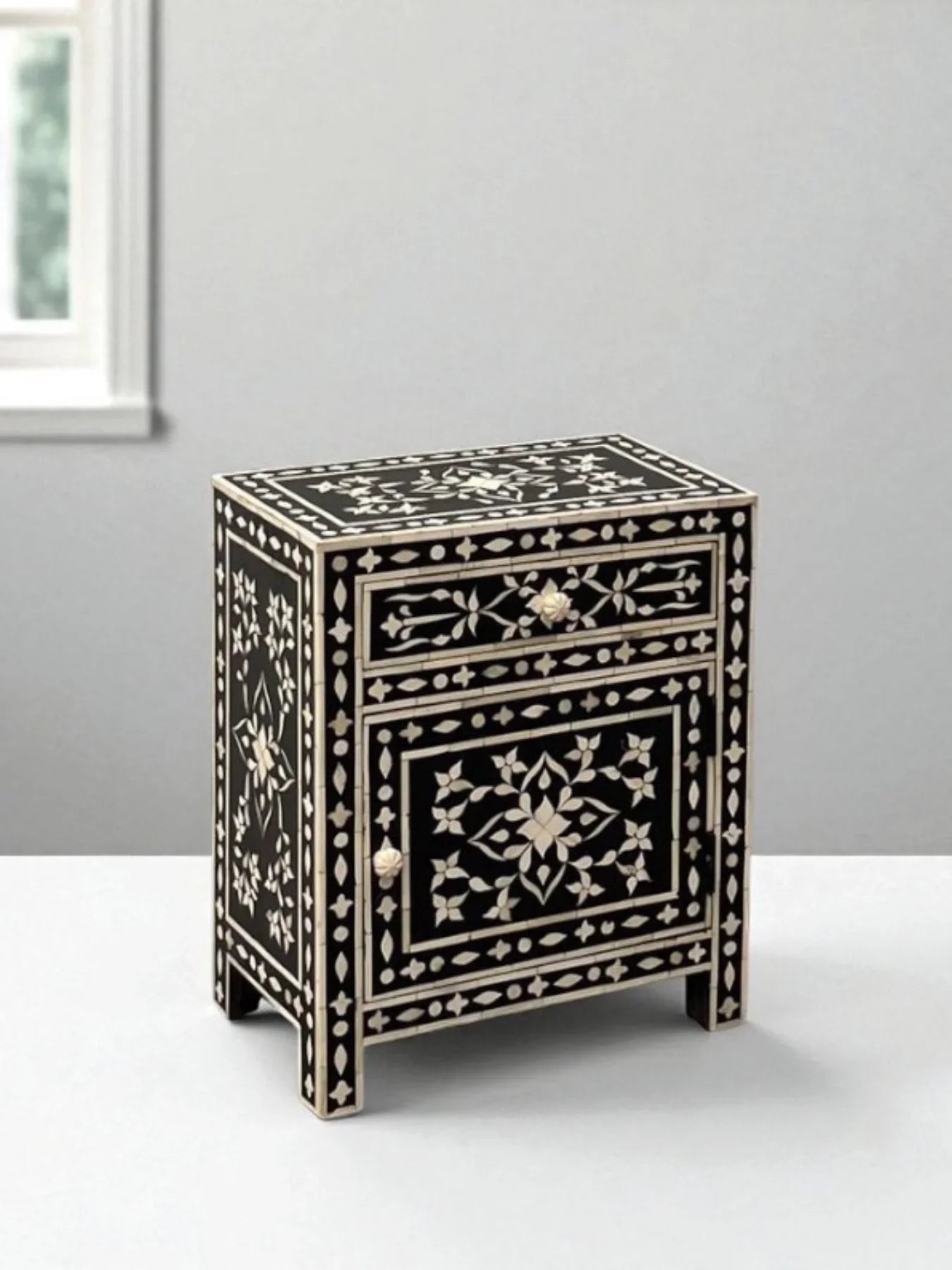 Floral Bone Inlay Bedside Table – Black Elegance