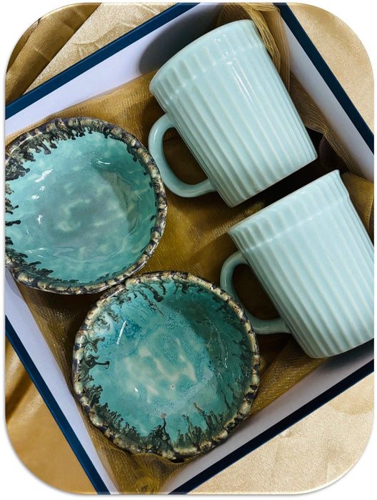 Sea Green Hamper |  Coffee Mugs with Gift Box | Snack Bowls - Diwali Gift for Wife