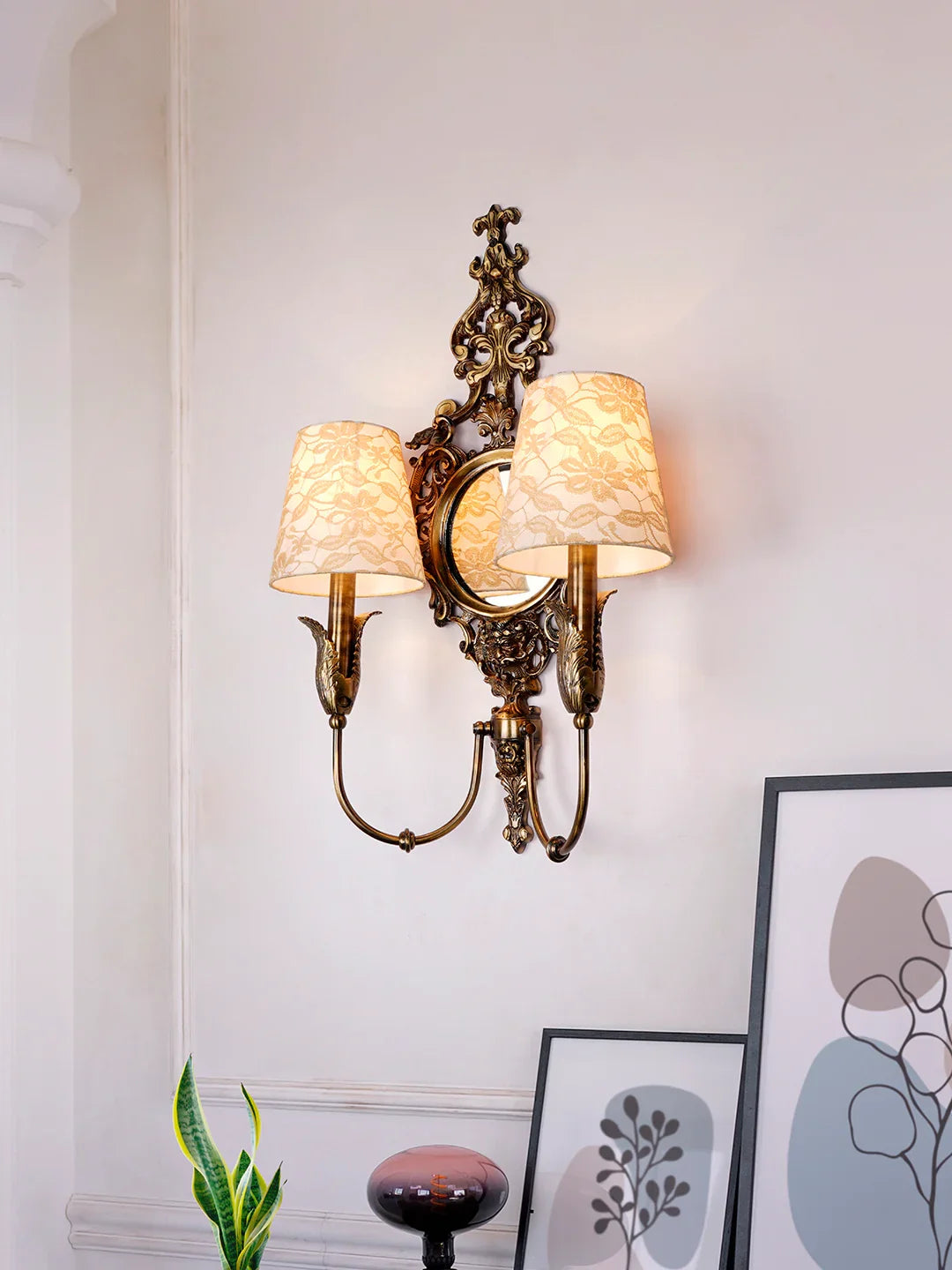 Opulent Antique Brass Wall Lamp with Mirror and Lace Shades