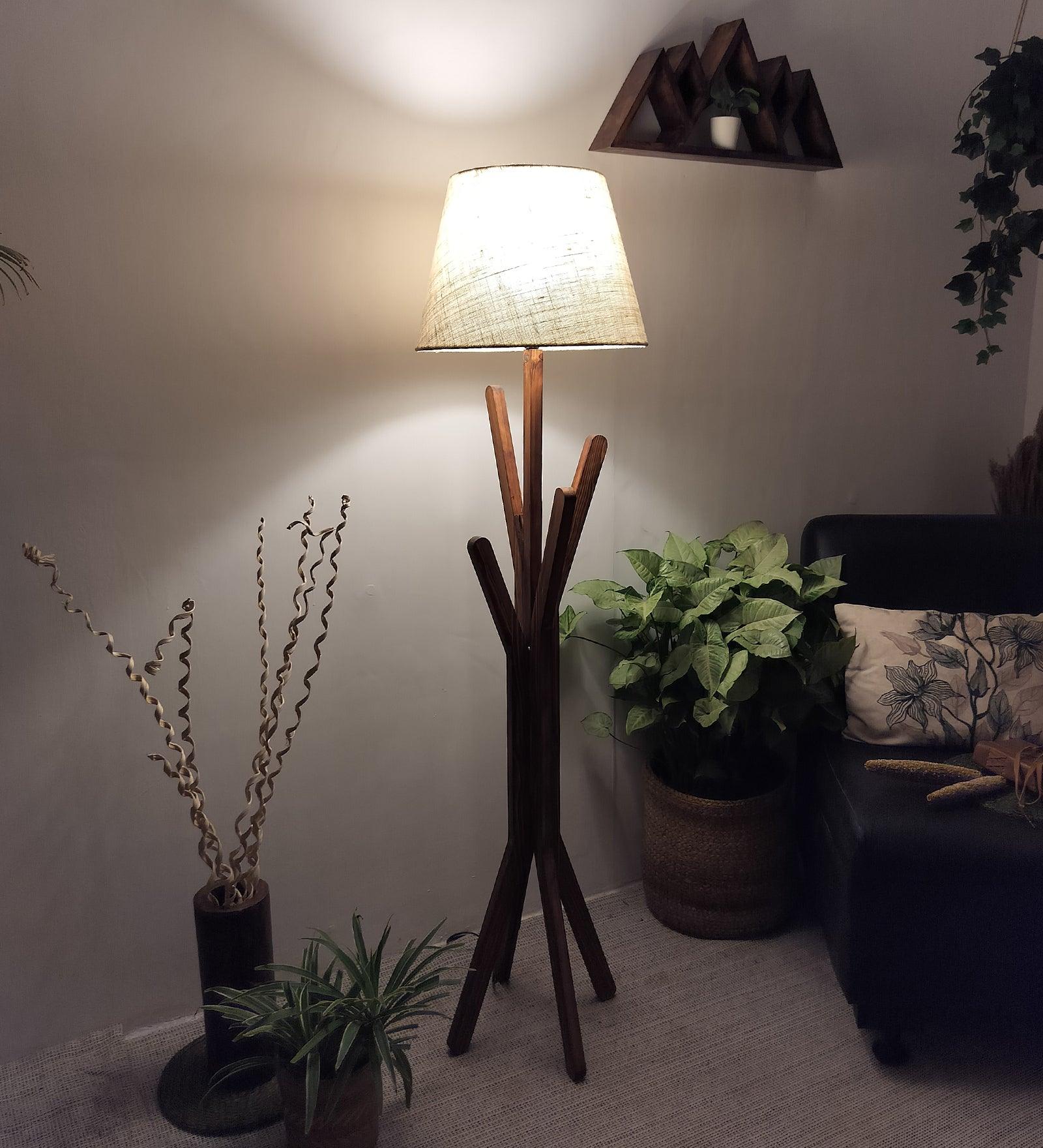 Vrikshya Wooden Floor Lamp with Brown Base and Premium Beige Fabric Lampshade