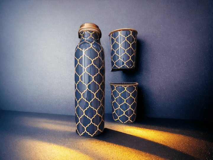 Copper Water Bottle Gift Set with Cleaning Brush & Flask