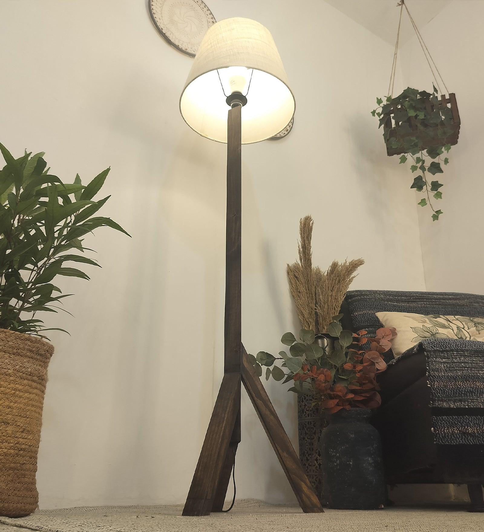 Trinca Wooden Floor Lamp with Brown Base and Jute Fabric Lampshade