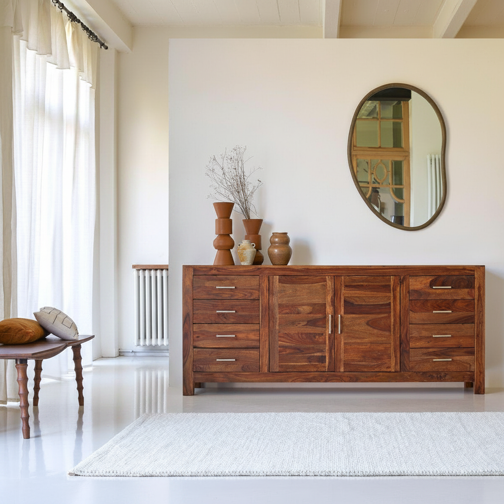 Rossen Solid Sheesham Wood Sideboard with 2 Door 8 Drawer in Provincial Teak Finish