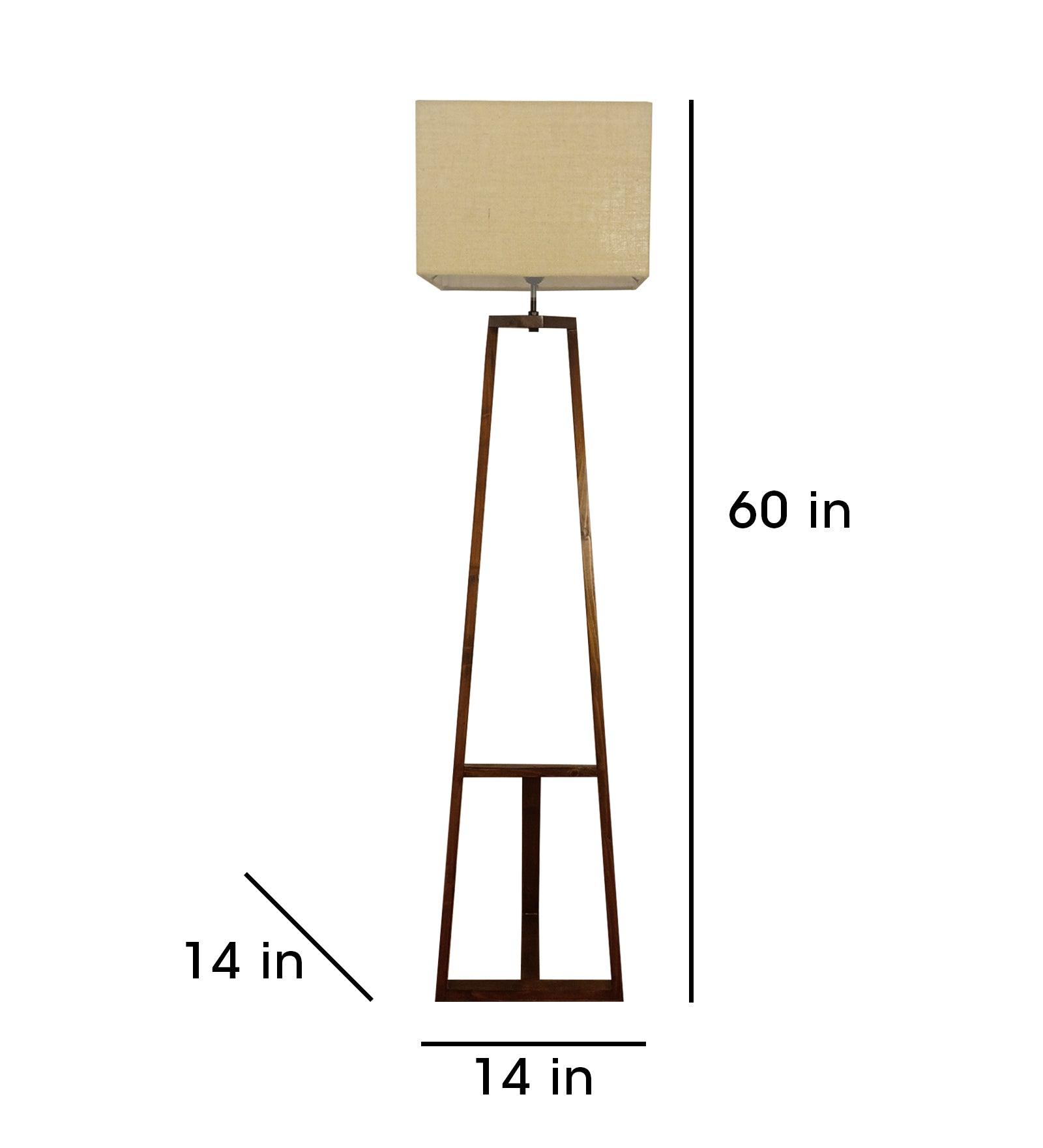 Angular Wooden Floor Lamp with Brown Base and Premium Beige Fabric Lampshade