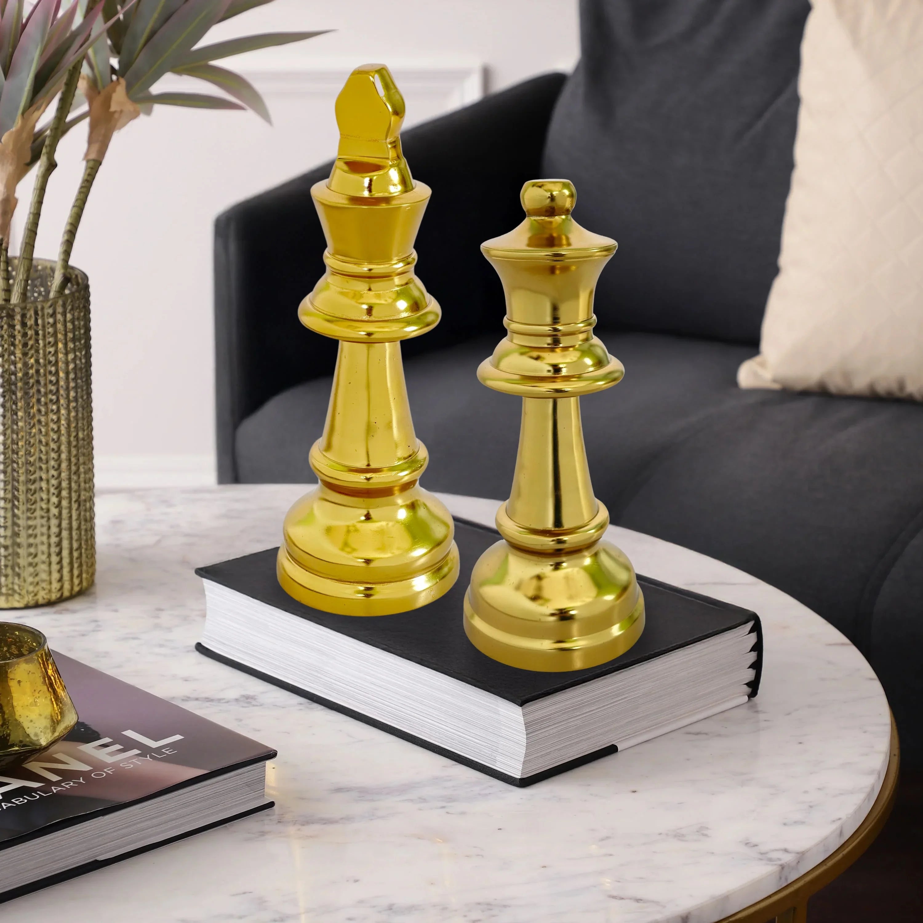 Oversized Chess Showpiece for Living Room | Handcrafted Gold Finish King & Queen Home Decor Item