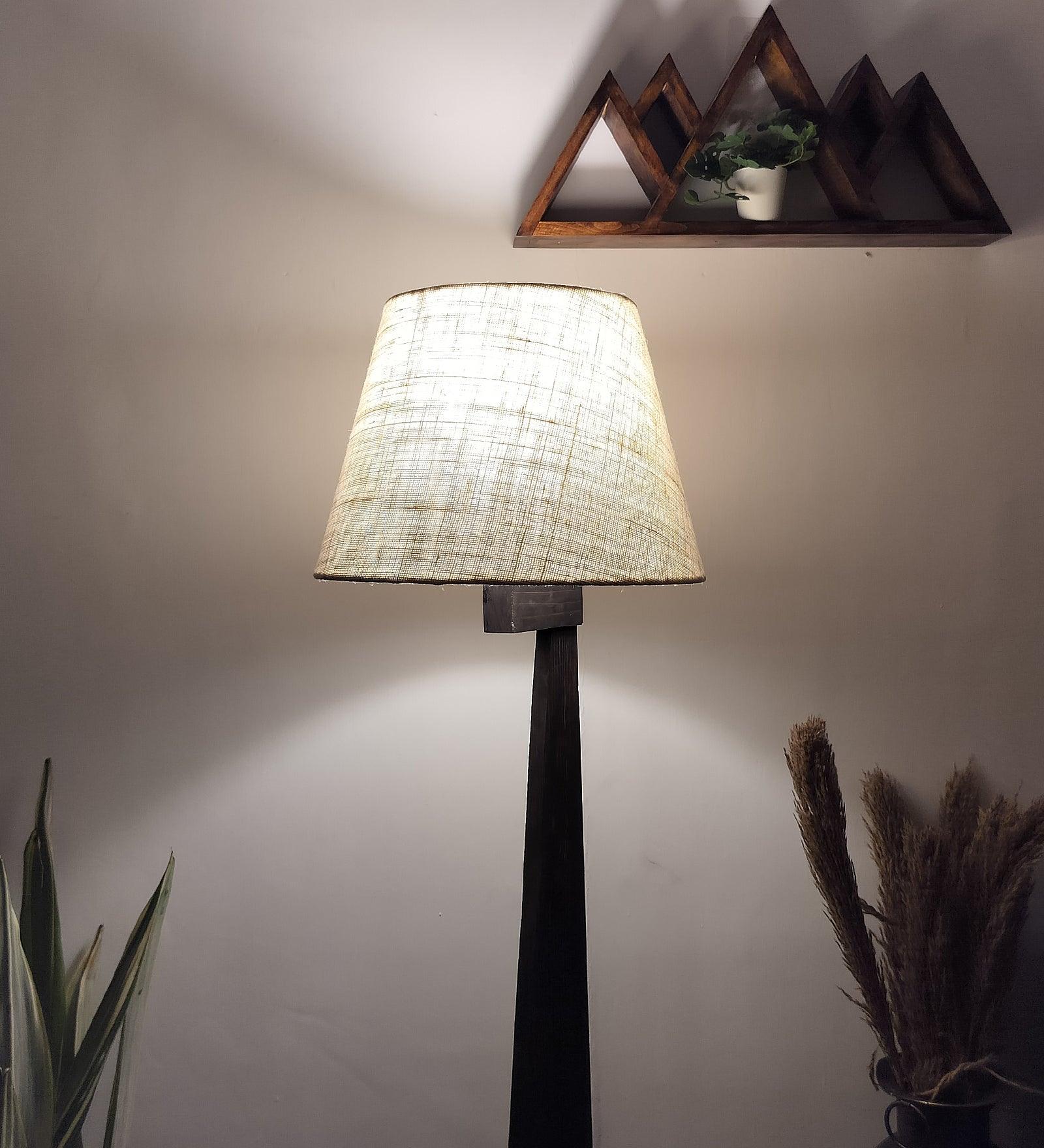 Trigo Wooden Floor Lamp with Brown Base and Yellow Printed Fabric Lampshade