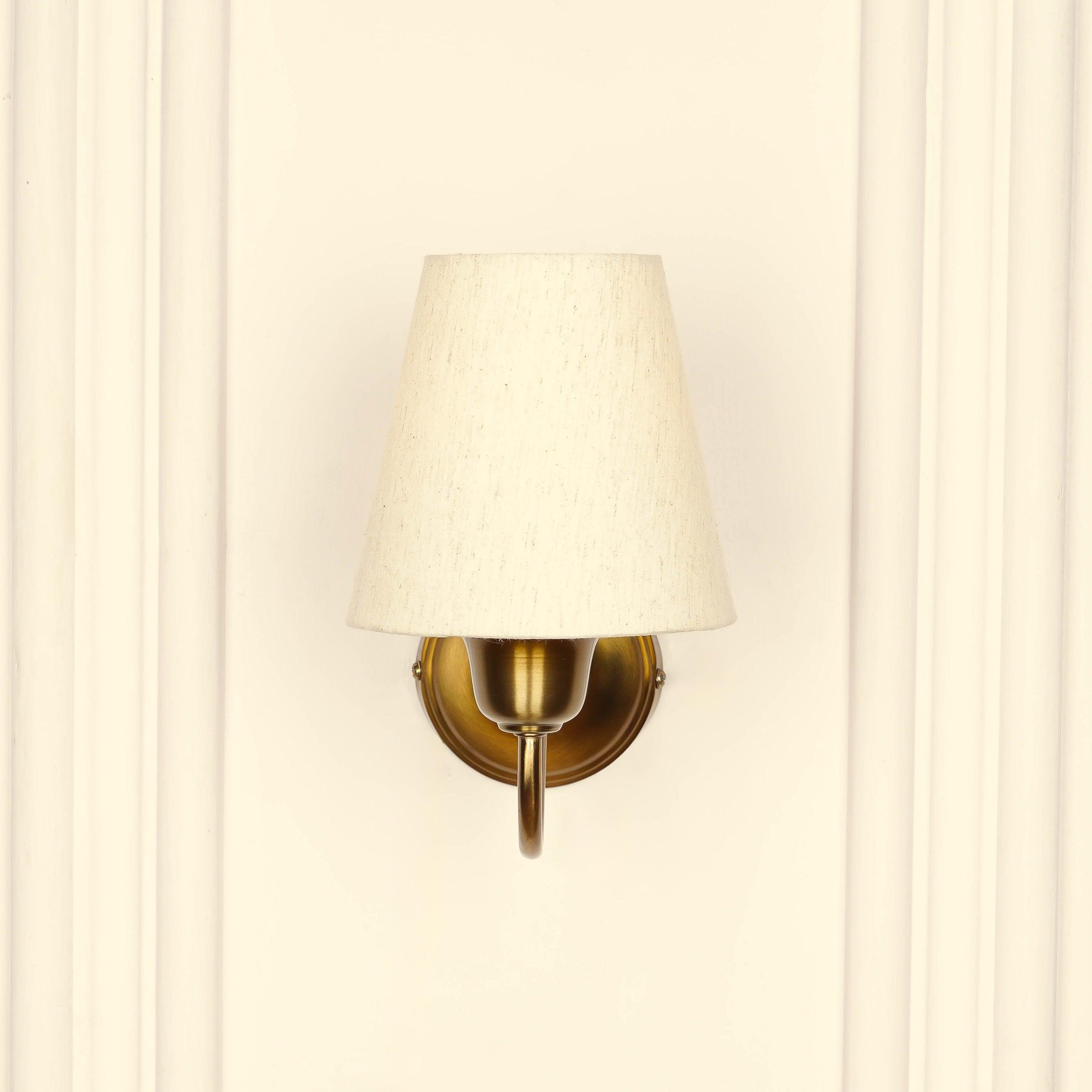 Brass Antique Finish Curved Wall Lamp with Off White Lampshade