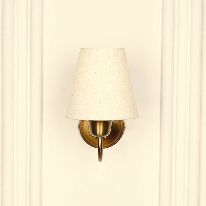 Brass Antique Finish Curved Wall Lamp with Off White Lampshade