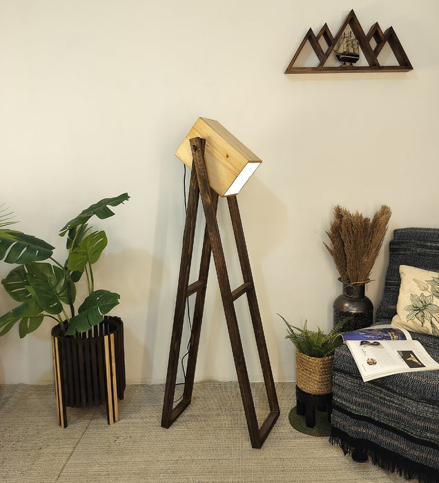 Focal Wooden Floor Lamp with Beige Wooden Lampshade