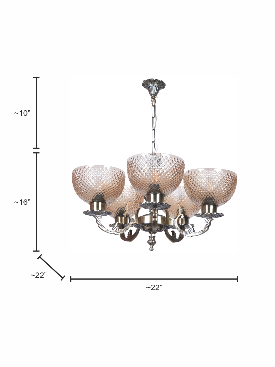 Classic Meena Aluminium 5 Lights Glass Chandelier in Antique Brass Finish