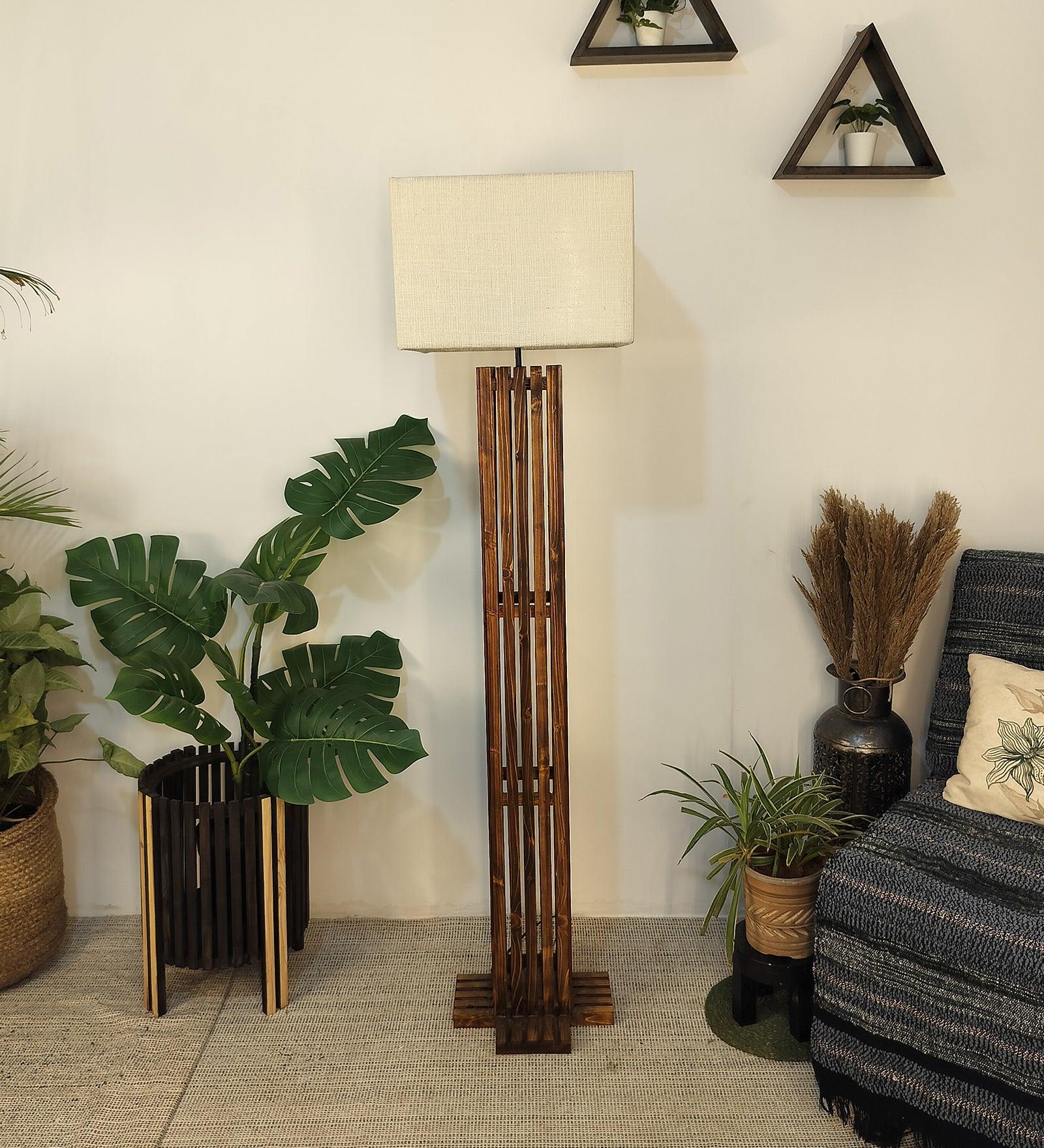 Elegant Wooden Floor Lamp with Brown Base and Beige Fabric Lampshade