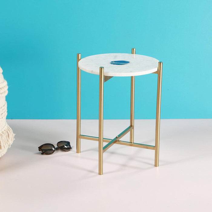 Sleek Marble and Agate Top and Round Metal Gold Accent Table