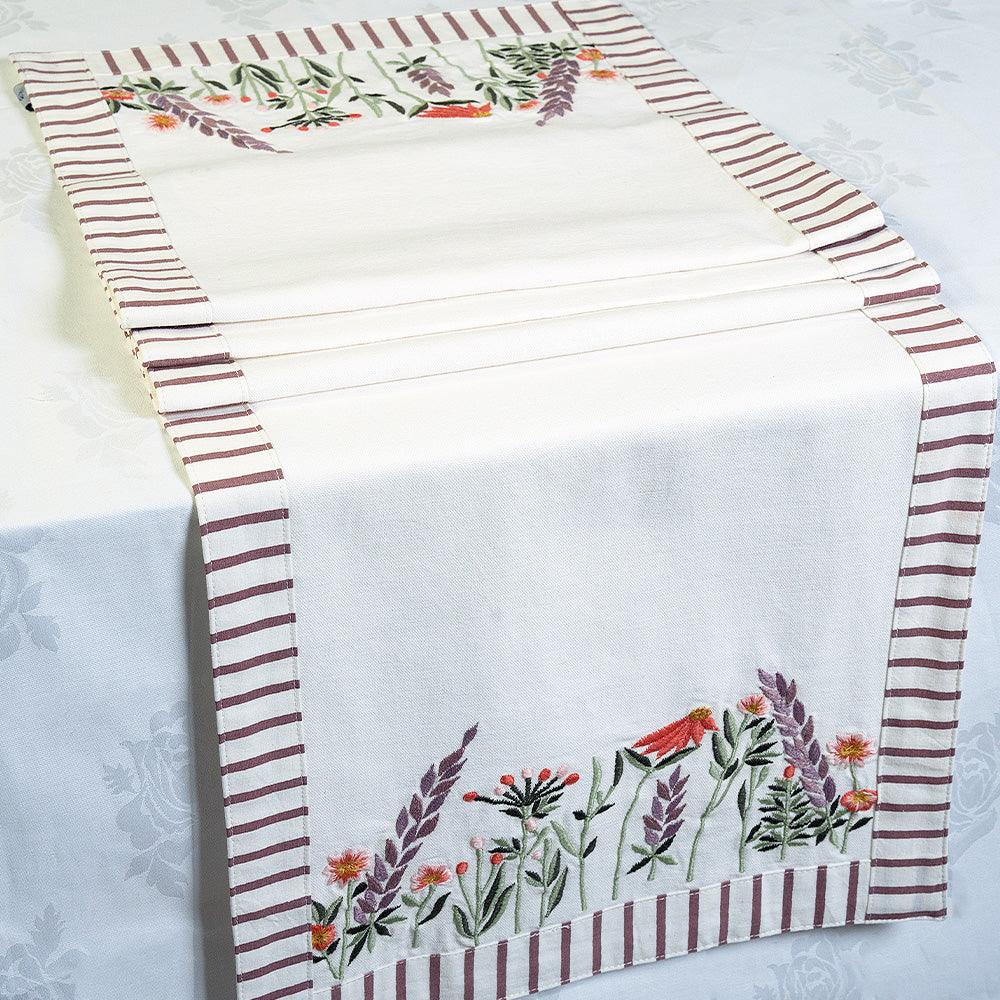 Spring Fields Dining Table Runner | Hand Embroidered Cotton Table Runner with Printed Border