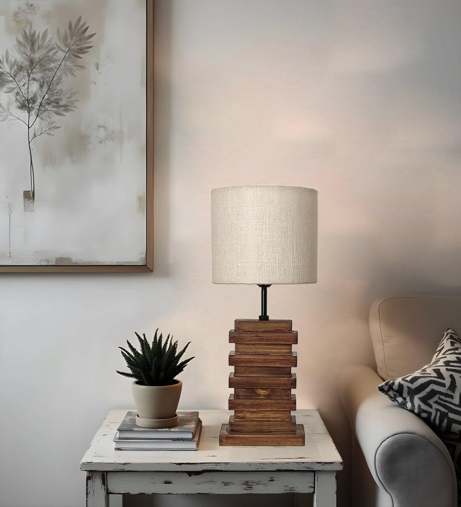 Truffle Brown Wooden Table Lamp with Yellow Printed Fabric Lampshade