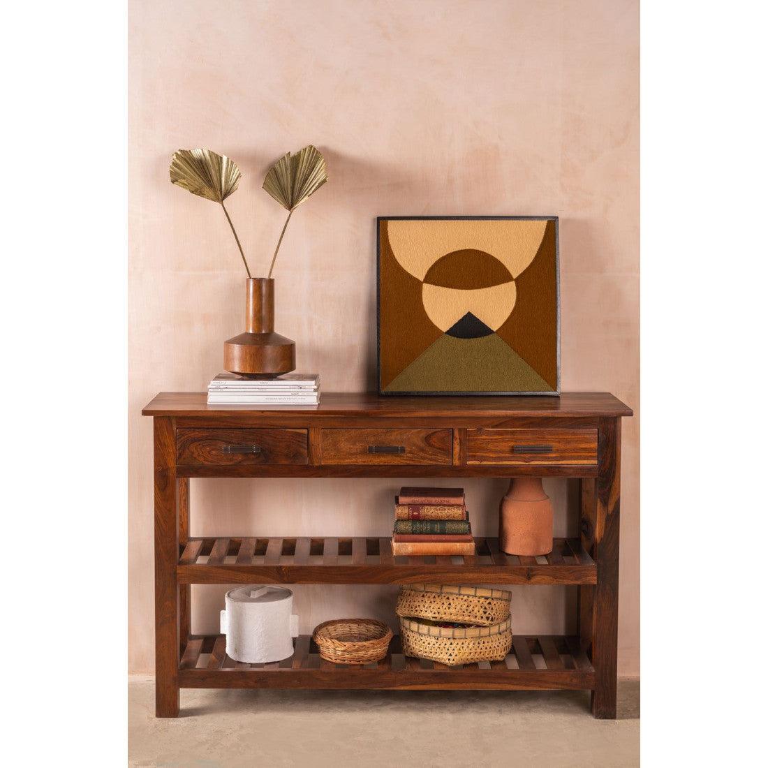 Stripped 3 Drawer Sheesham Wood Console Table In Honey Finish