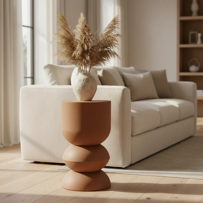 Terracotta Iron Side Table | Modern Round Metal Accent Table for Living Room