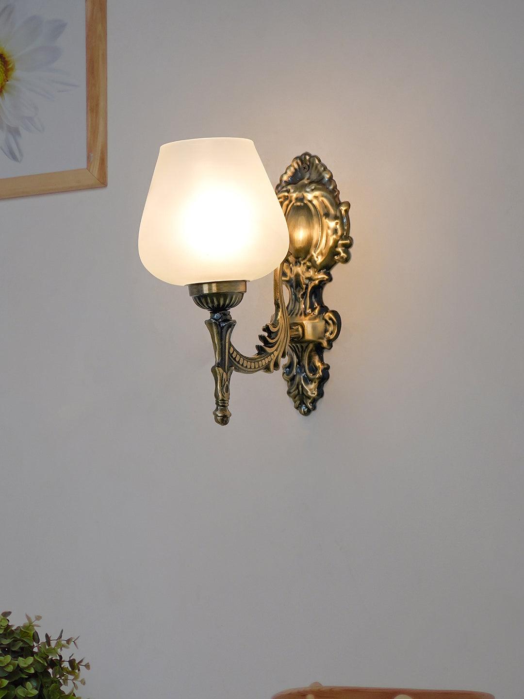 Antique Brass Finish 11 Inch Single Light Steel Wall Lamp With Plain Frosted Goblet Glass Shade