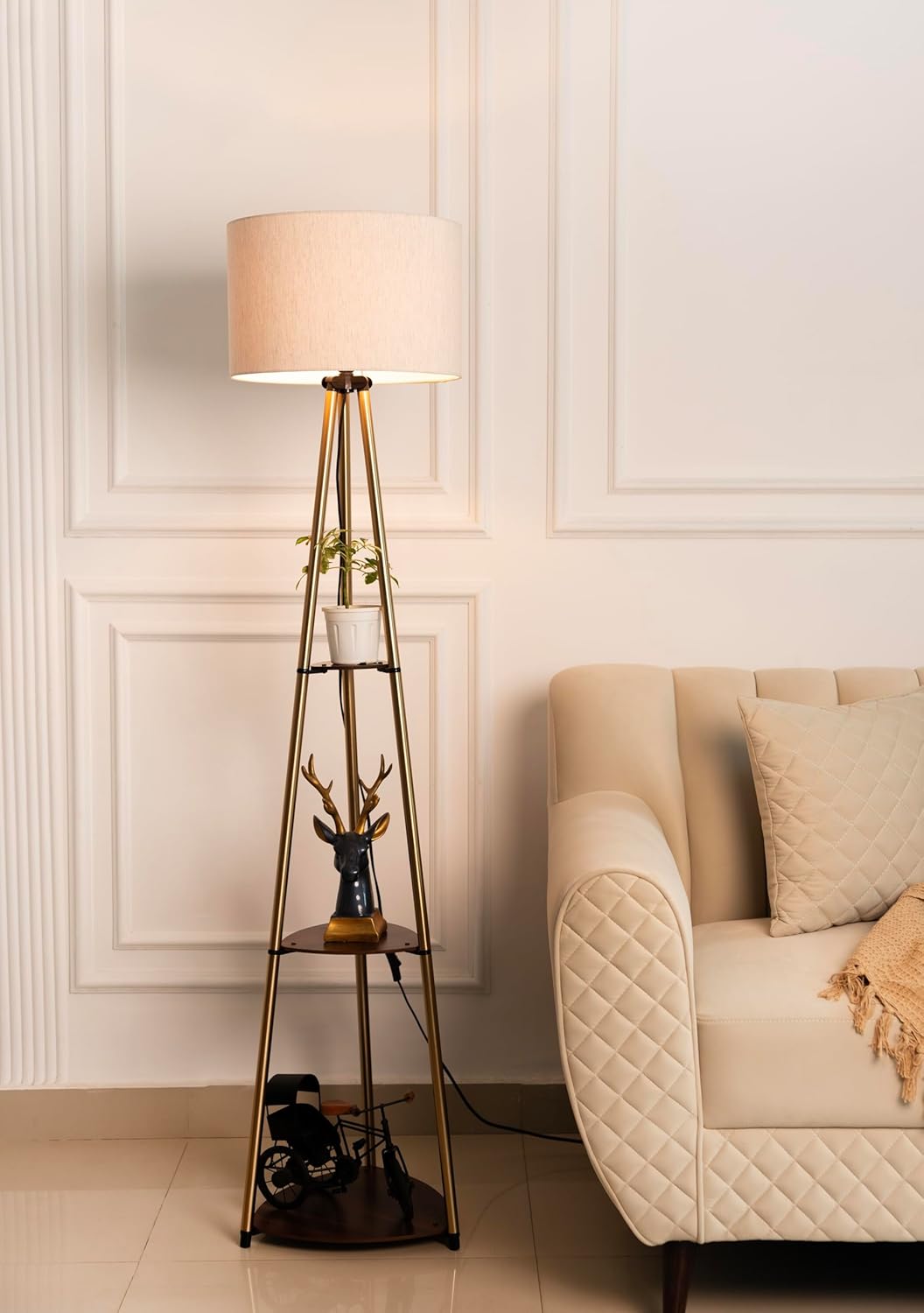 3 Shelves Floor Lamp Brass Antique Finish 5 Feet Height with 14” Diameter Off White Drum Shade for Living Room, Bedroom and Home Decoration