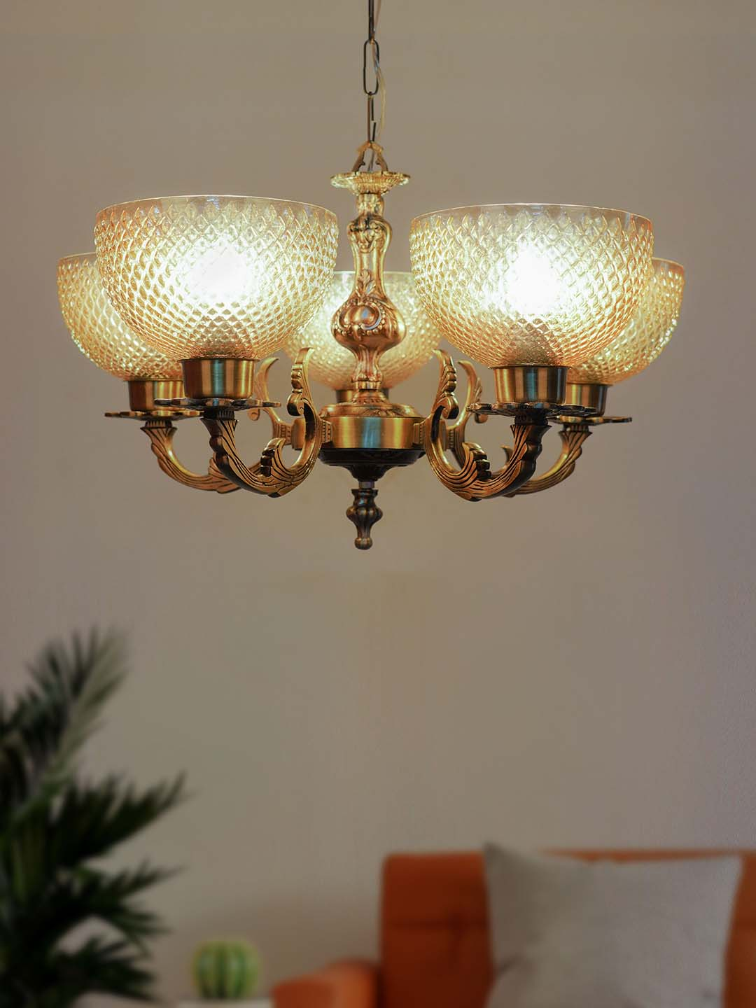Classic Meena Aluminium 5 Lights Glass Chandelier in Antique Brass Finish