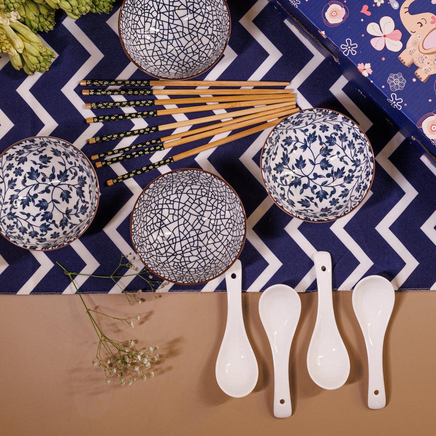 Japanese style Ceramic Rice Bowl Set | Serving Bowl | Ramen Bowl with Chopsticks (Set of 12)