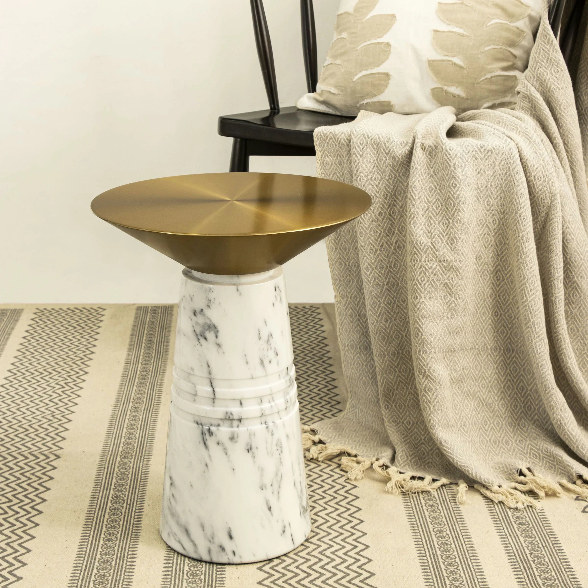 Ebb Marble Accent Table with White Marble Base | Modern Brass Side Table for Living Room