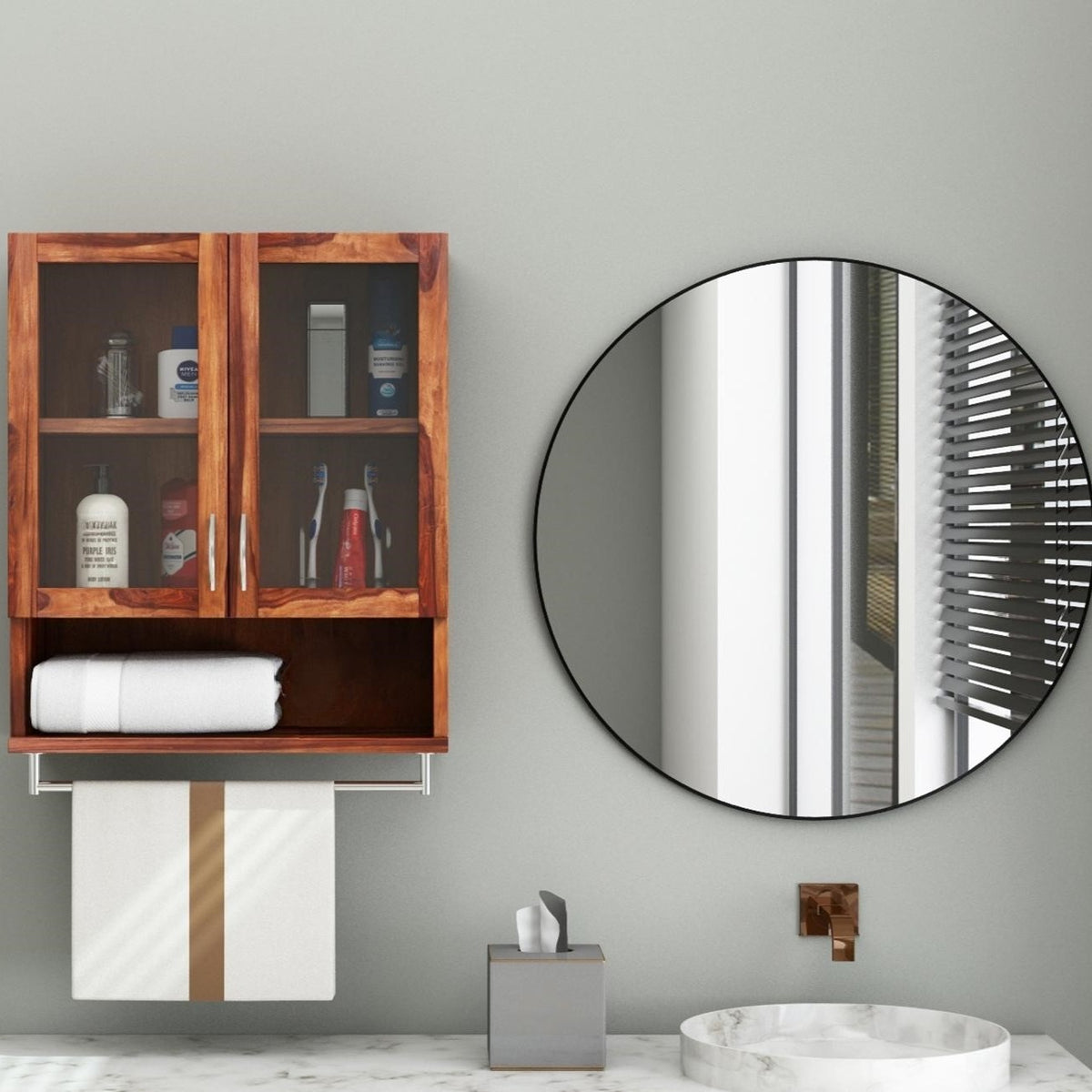 Earth Bathroom Rack | Sheesham Wood and Stainless steel rod bottom side