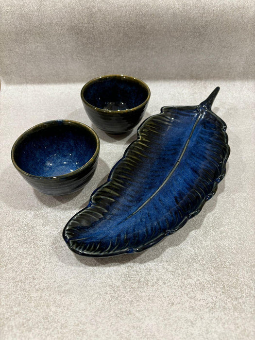 Royal Blue Leaf Platter & Bowls with Gift Box | Snack Serving Platter