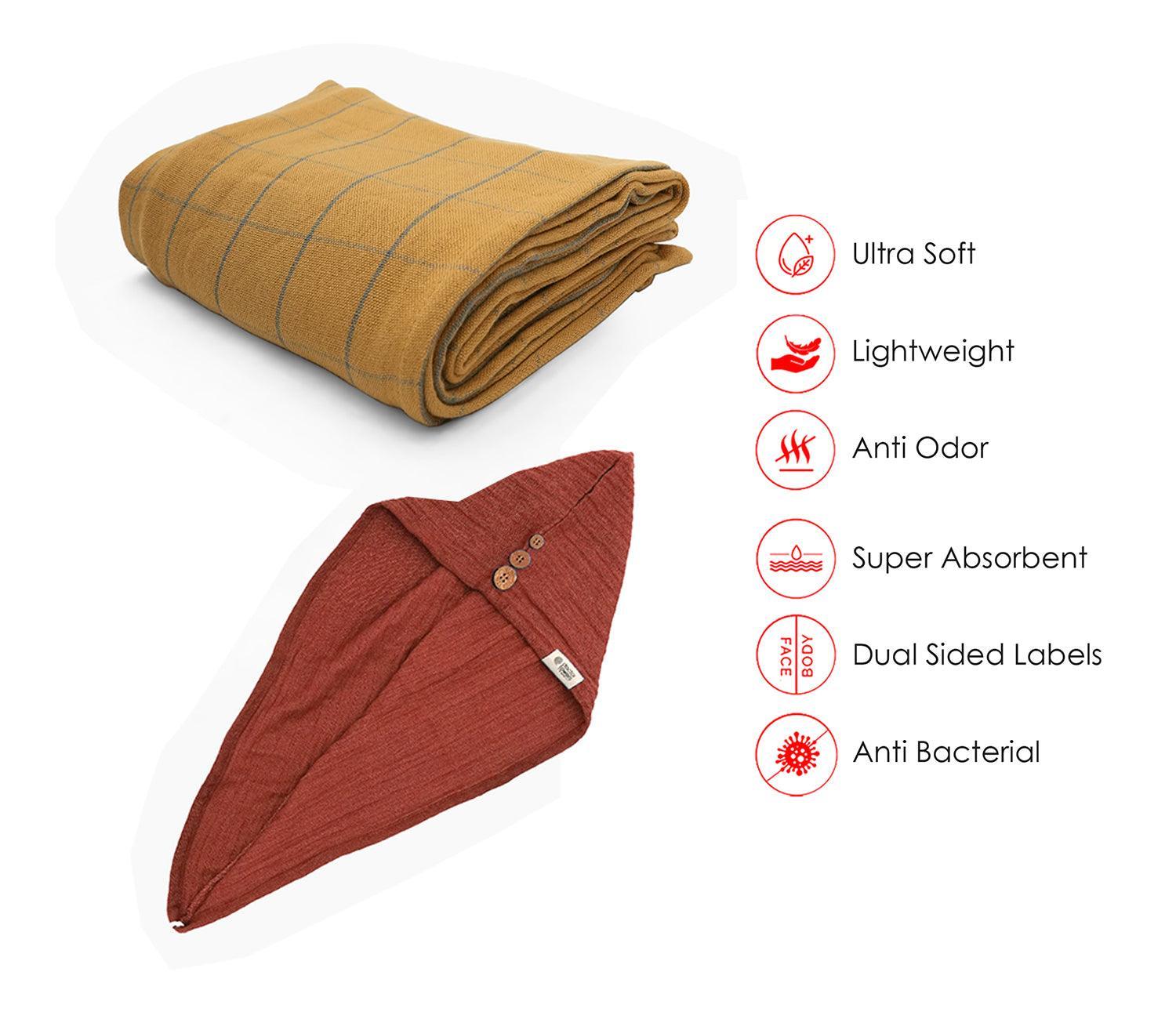 Banana Double Cloth Bath Towel + Hair Towel Combo Assorted Pack of 2