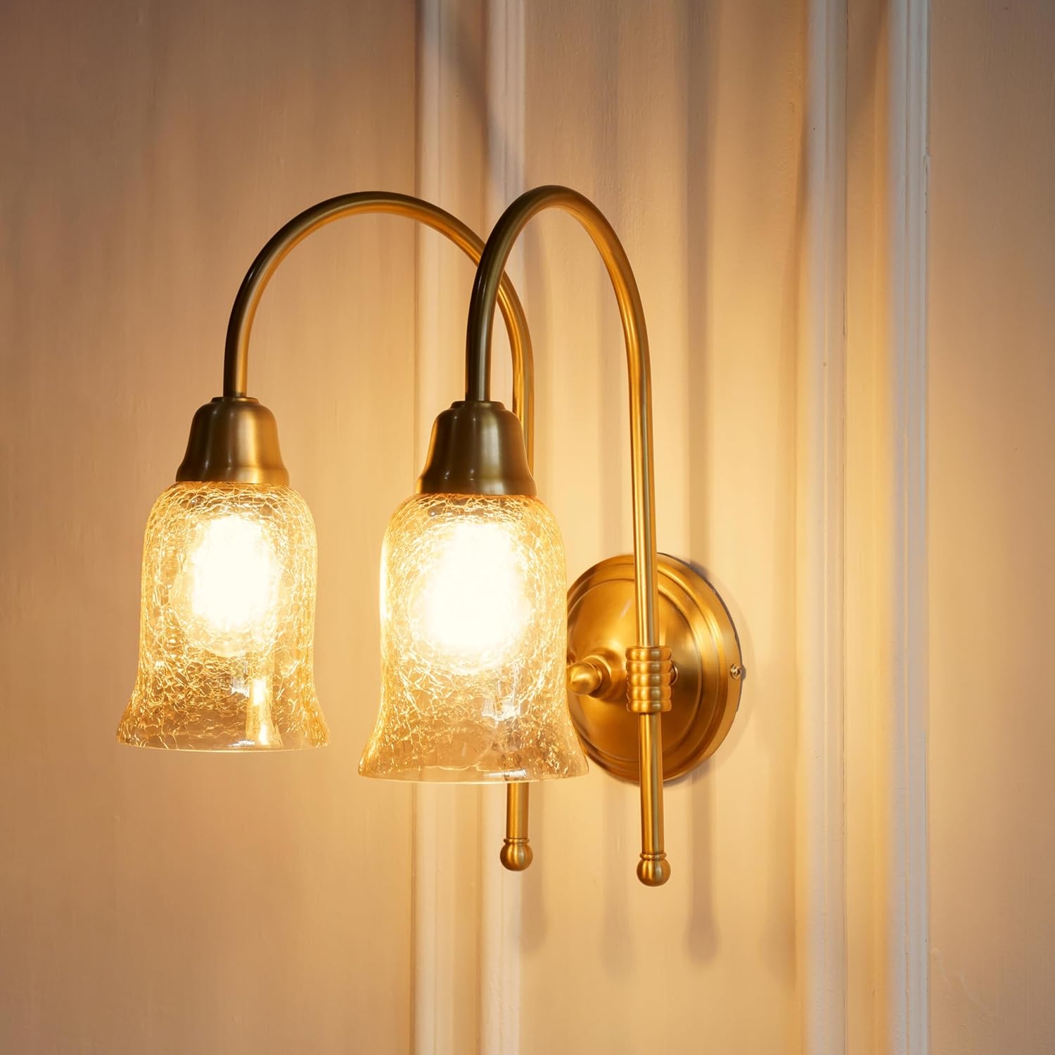 Double Hockey Wall Lamp Antique Brass Finish with Chimney Crackled Glass Shade for Living Room, Bedroom and Home Decoration