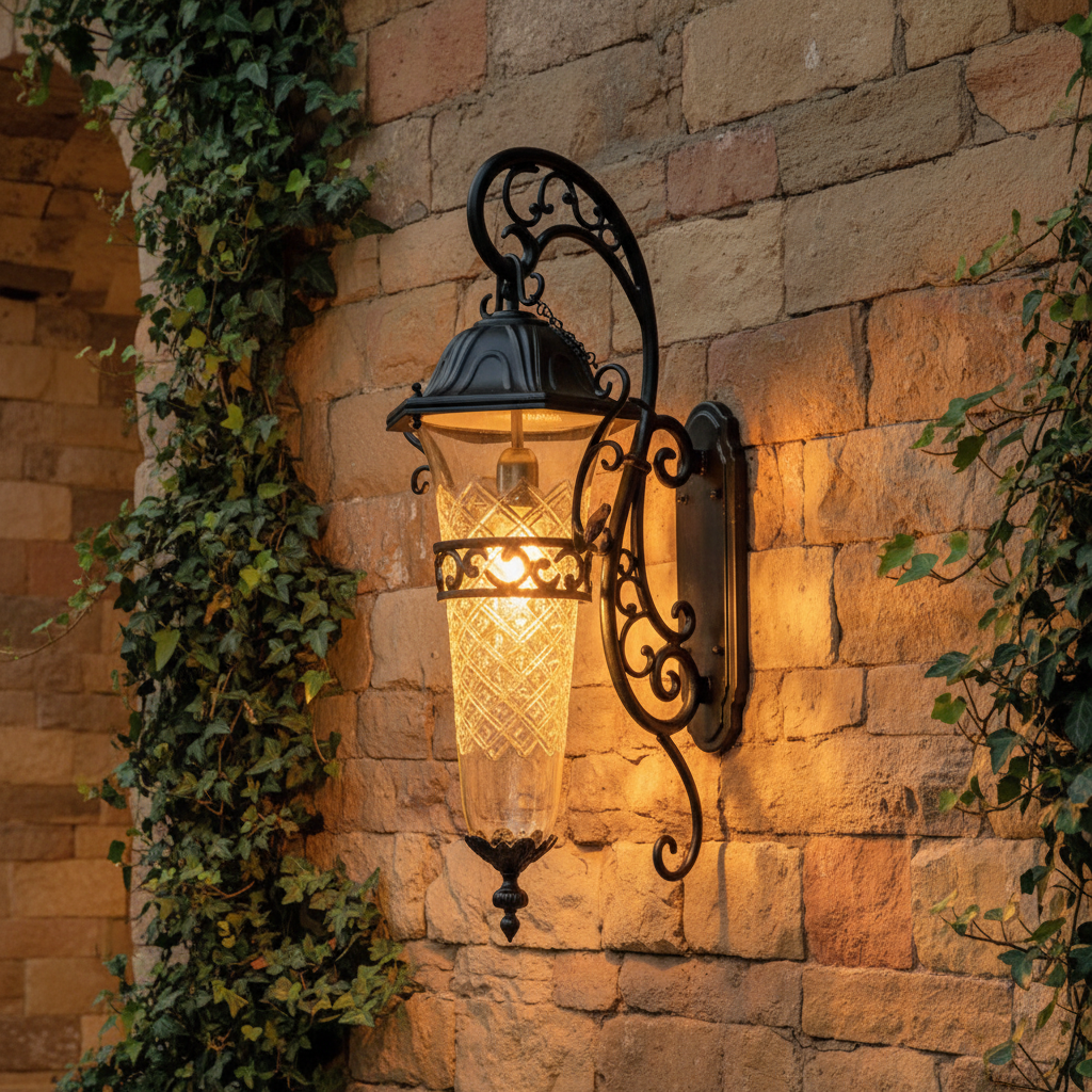 Large 32 Inch Traditional Victorian-Style Black Outdoor Aluminium & Cut-Glass Single Wall Lamp Light