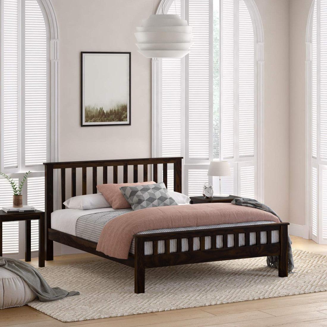Sheesham Wood Queen Size Strip Design Bed | Honey & Walnut Finish Modern Non-Storage Bed