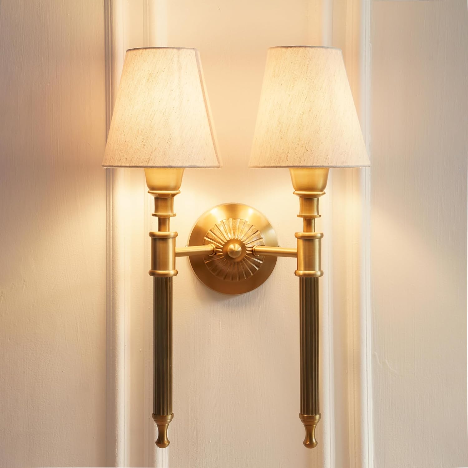 Double Corrugated Wall Lamp Antique Brass Finish with Off White Shade for Living Room, Bedroom, Home Decoration Wall Light