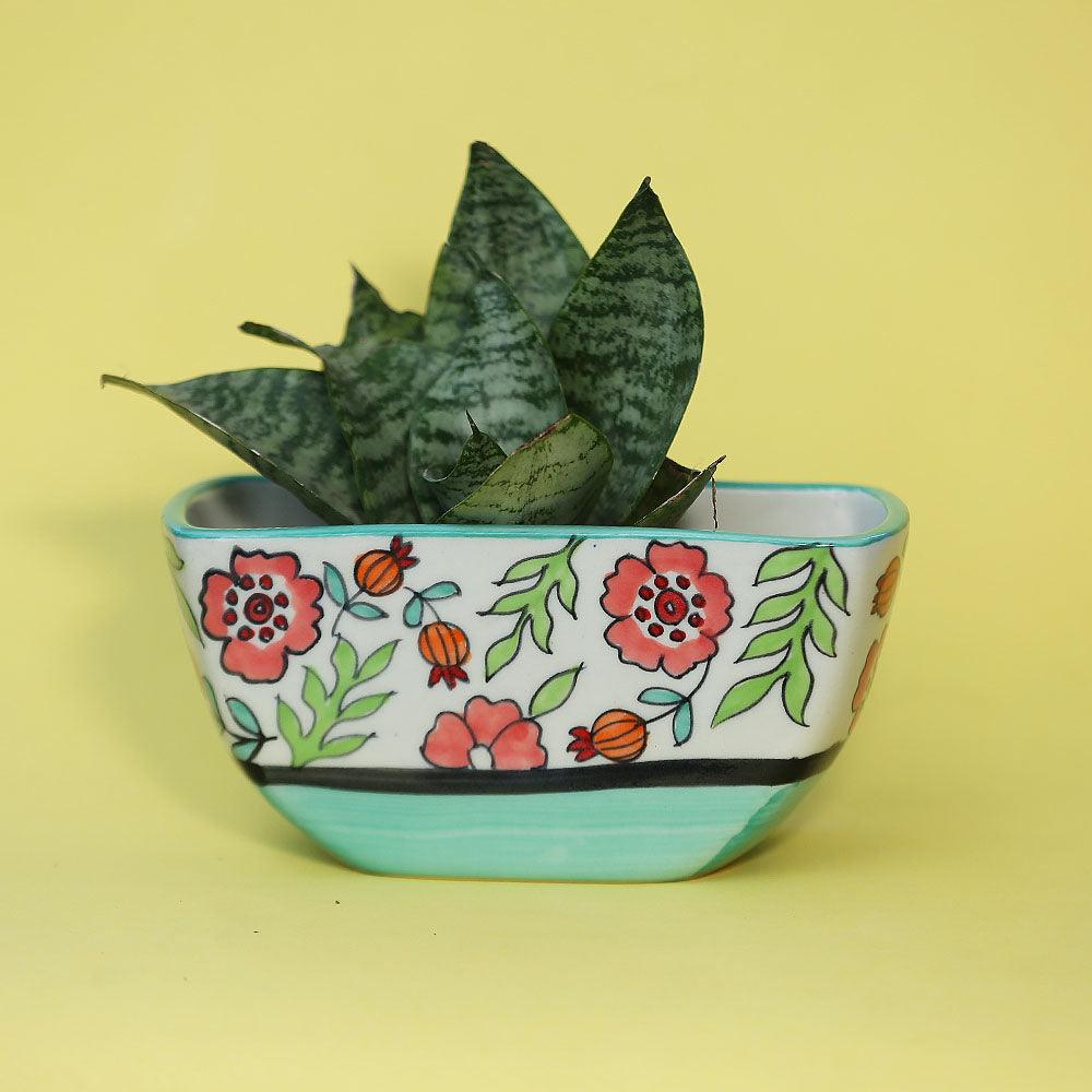 Spring It On Handpainted Ceramic Planter | Multicolor Rectangular Flower Pot for Indoor Plants