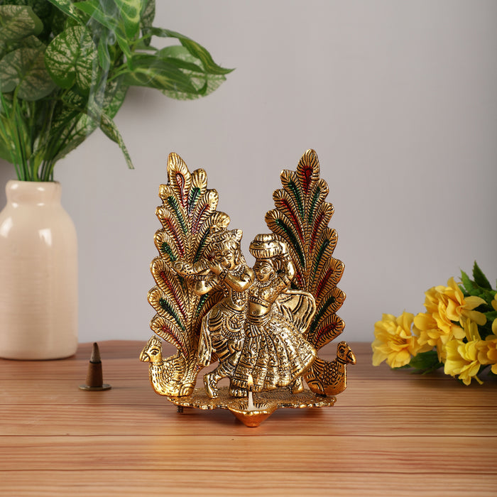 Radha Krishna Metal Statue With Diya And Peacock