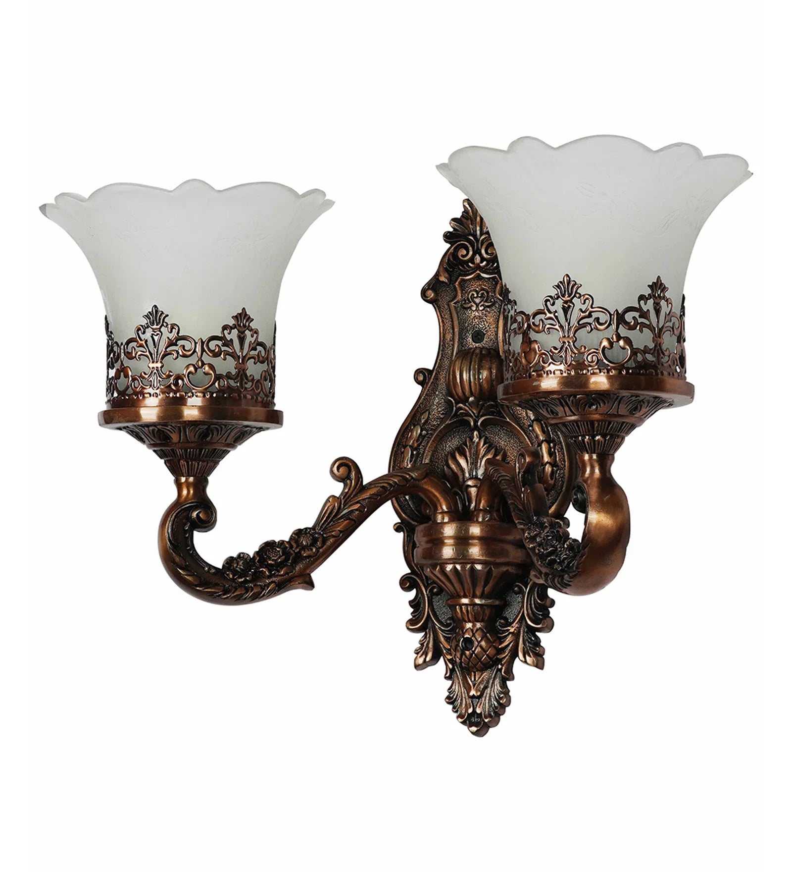 Antique Copper Finish Classic 2-Lights Aluminium Wall Lamp With Adorned Translucent Glass Shades