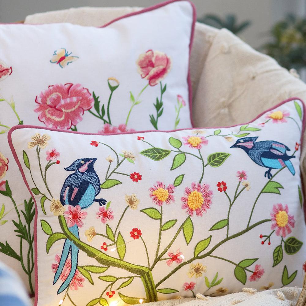 Vintage Birdie Bloom Sofa Cushion Cover | Hand Embroidered Cotton Cushion Cover - 1Pc