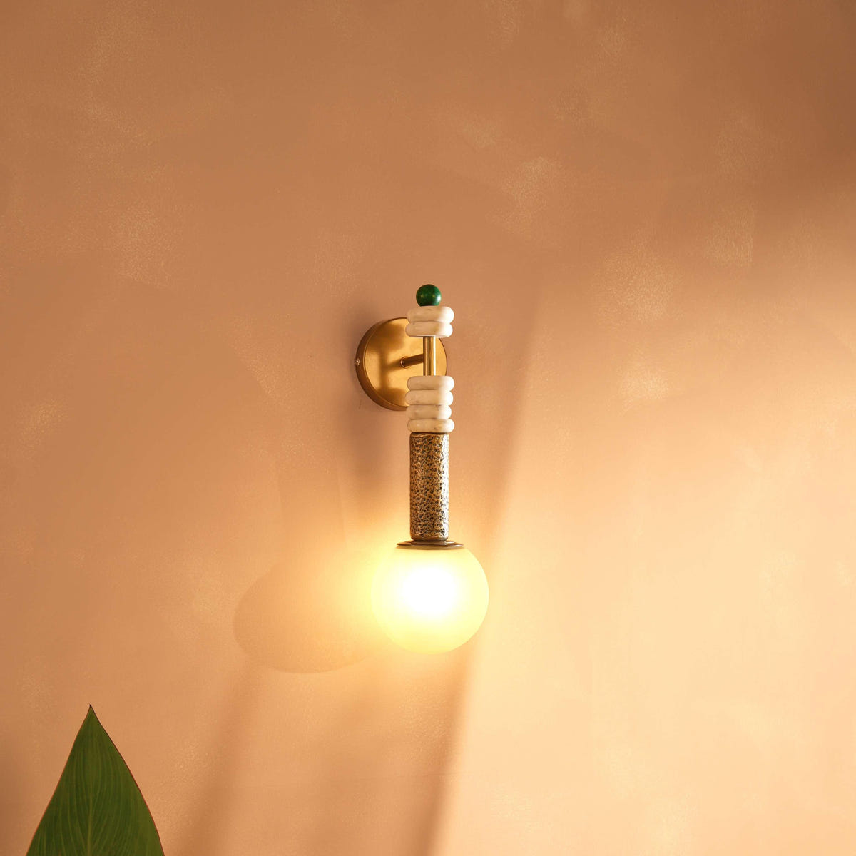 Antique Brass & Green Marble Wall Lamp | Frosted Glass Designer Wall Light