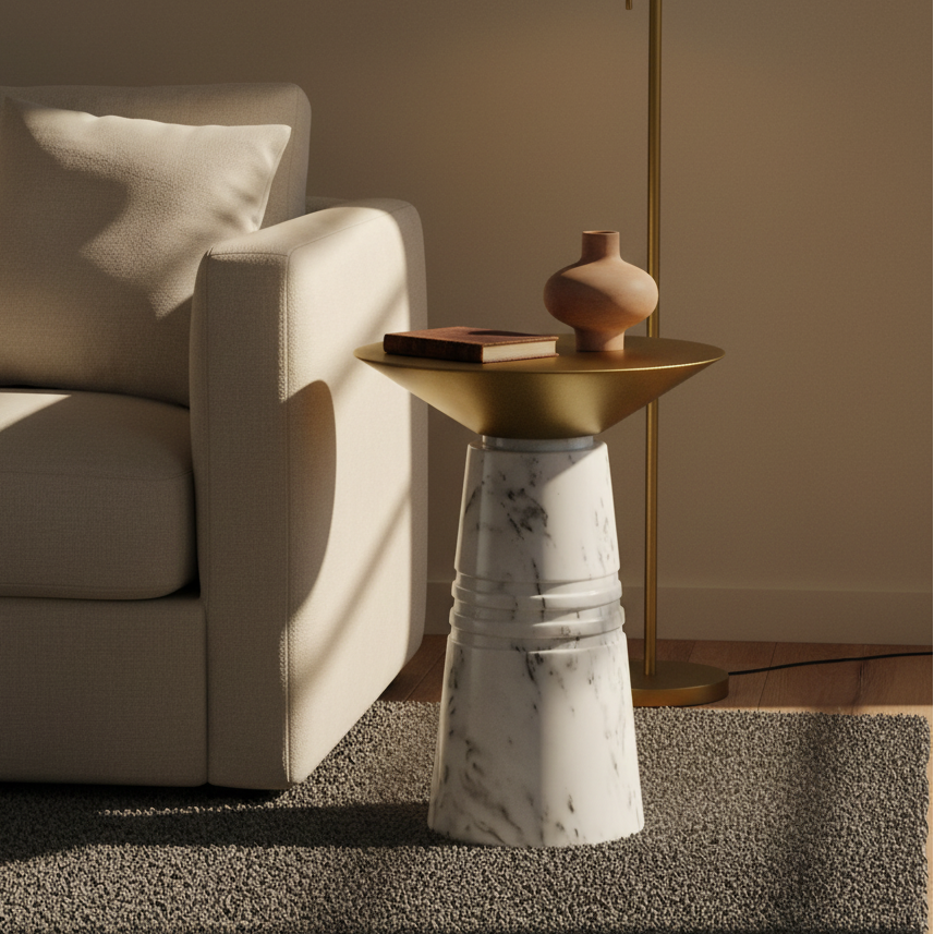 Ebb Marble Accent Table with White Marble Base | Modern Brass Side Table for Living Room