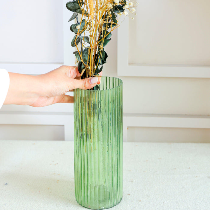 Green Glass Vase With Eucalyptus Bunch | Dried Flower For Table & Home Decor