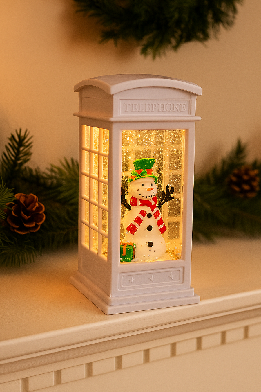 Red Santa Telephone Booth Christmas Night Lamp – Glitter Light Decoration with LED Glow & Pre-Installed Battery