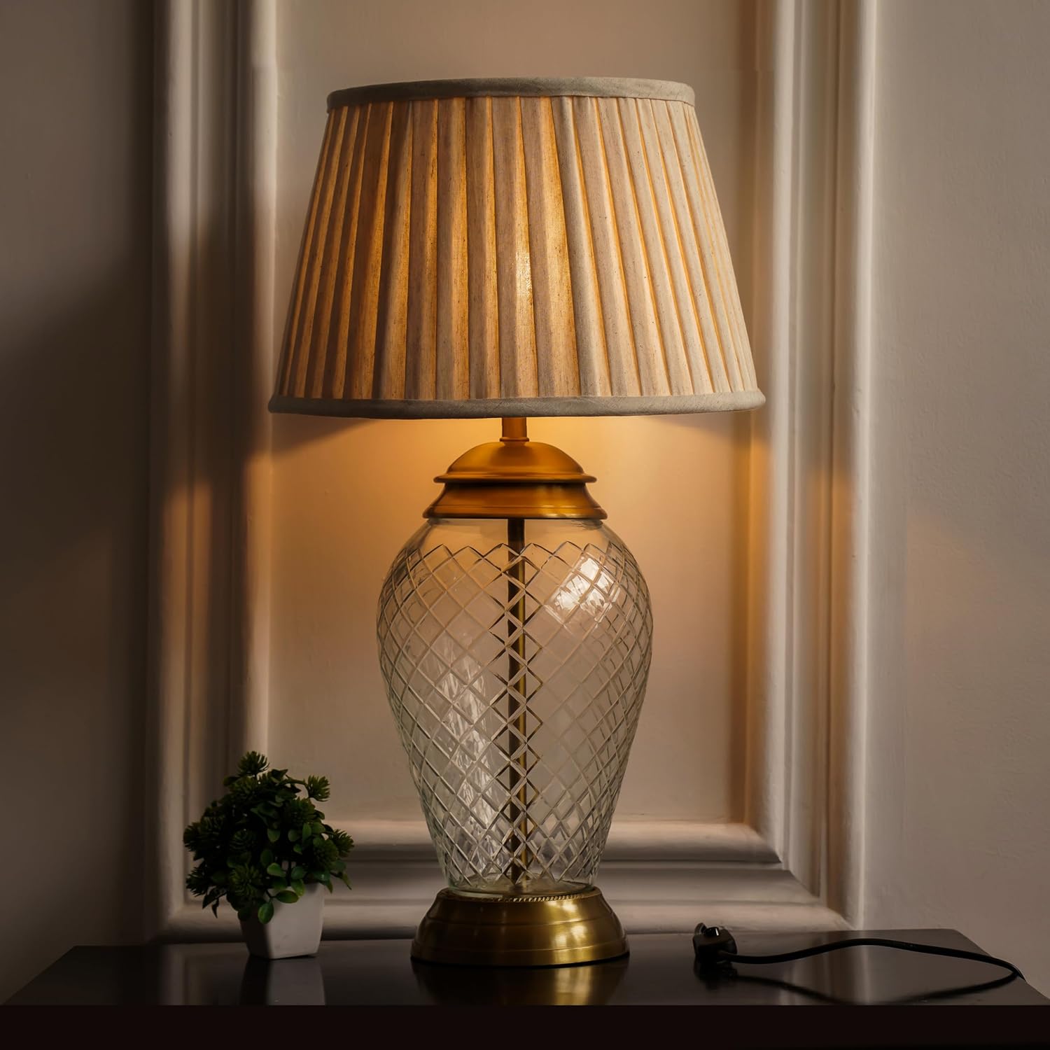 Royal Pure Brass Antique Finish And Diamond Cut Glass Table Lamp 23 Inches Height With Off White Pleated 14 Inches Diameter Lampshade