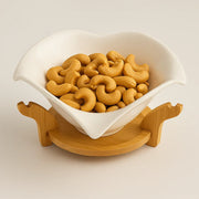 Elegant White Ceramic Leaf-Shaped Bowl with Wooden Stand – Decorative & Functional Serving Bowl