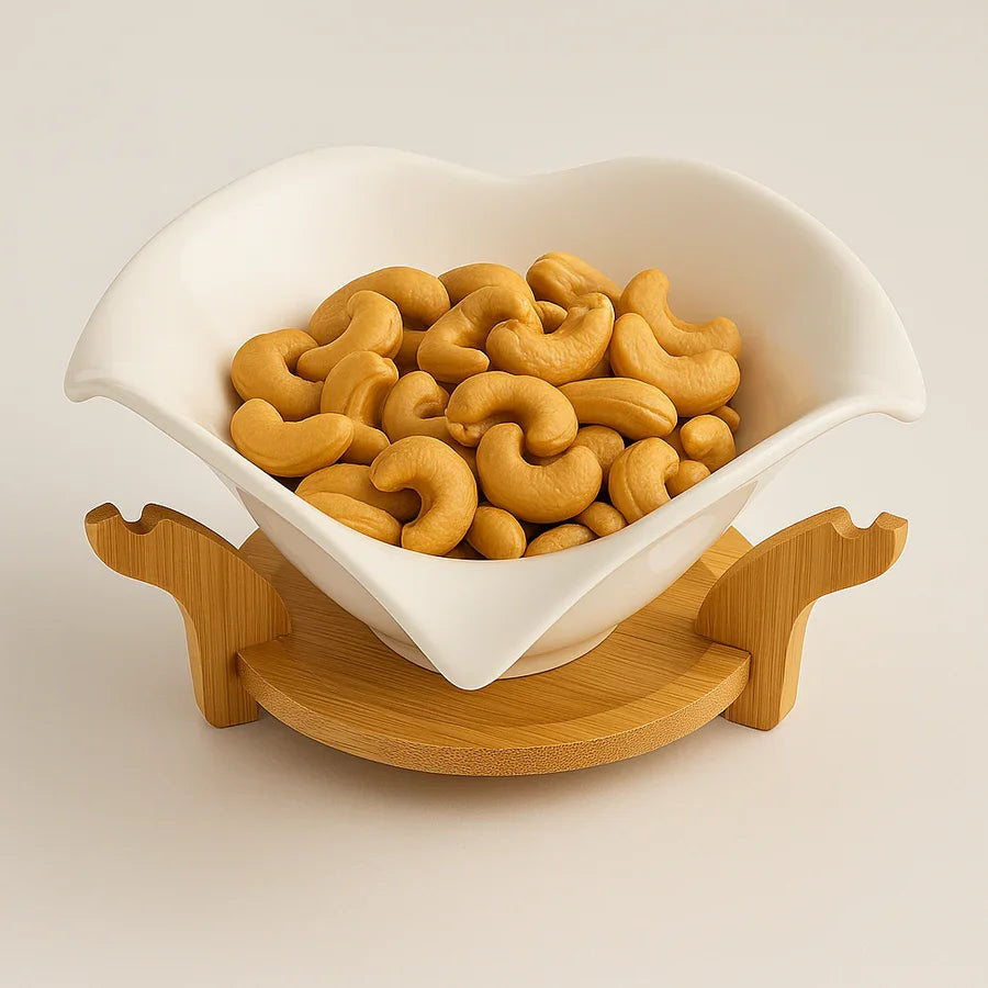 Elegant White Ceramic Leaf-Shaped Bowl with Wooden Stand – Decorative & Functional Serving Bowl